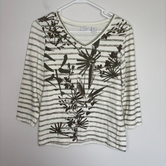 WEEKENDS by CHICO'S V-Neck Tee 3/4 Sleeve Womens S (0) Striped Floral Stretch - Picture 4 of 6